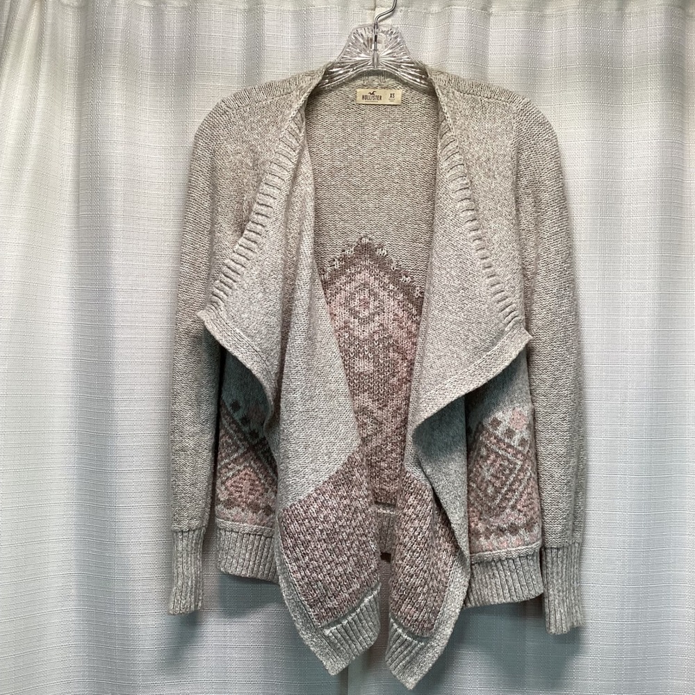 Hollister Womens XS Open Front Cardigan Fair Isle Open Front Pink Beige Sweater